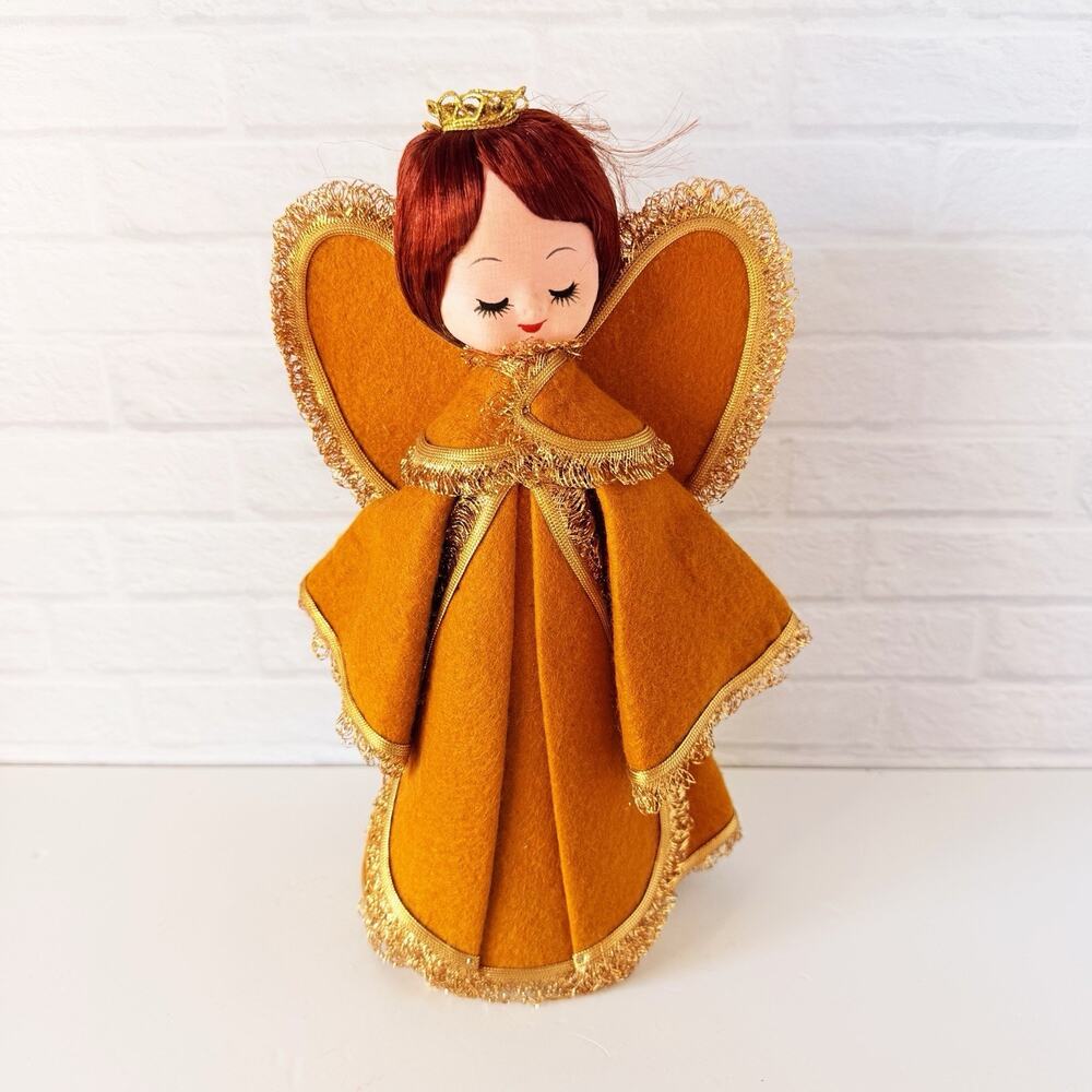 Vintage MCM Angel Gold Felt Cone Figure Auburn Hair Eyes Closed 11" Christmas